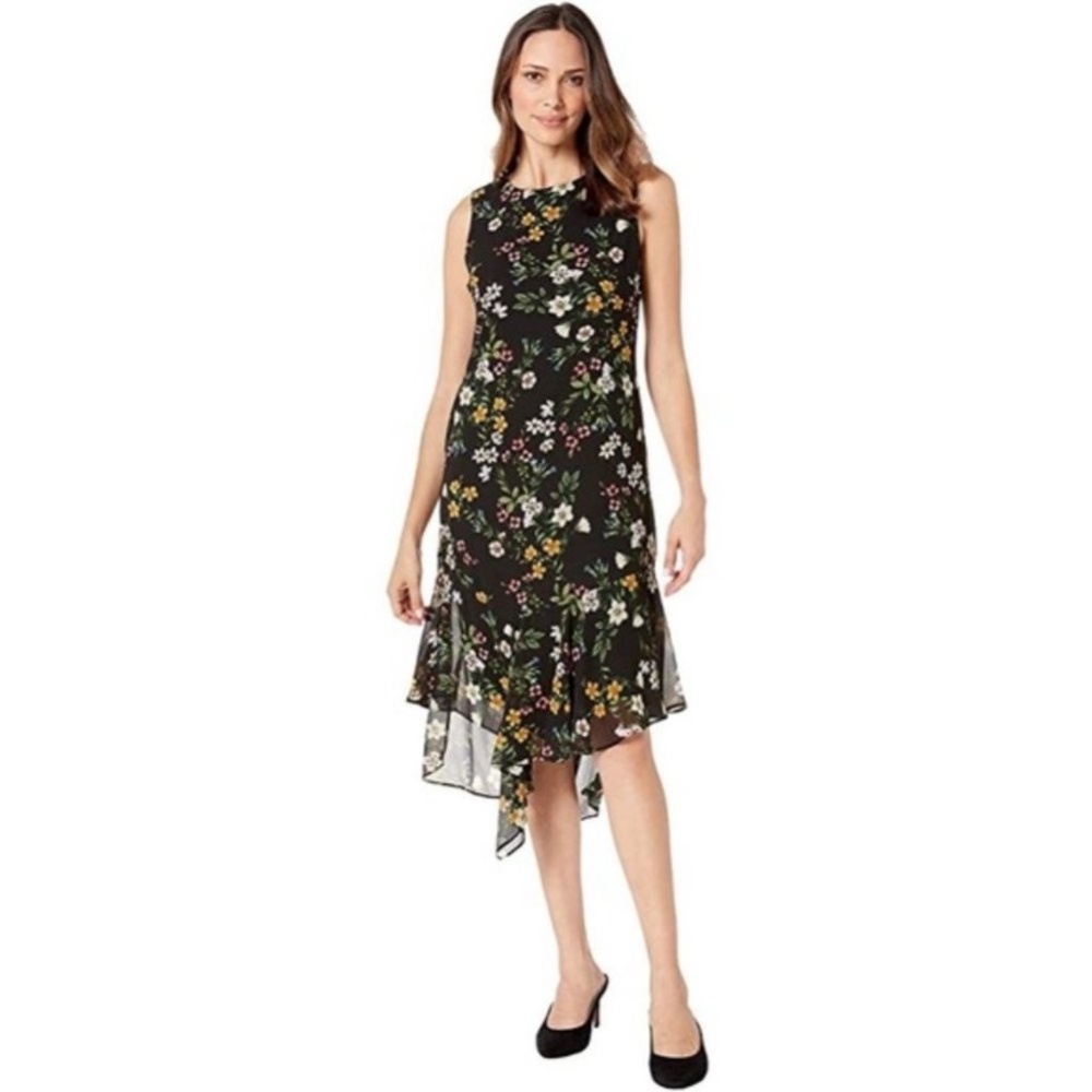 Calvin Klein Black Floral Asymmetrical Hemline Dress 6